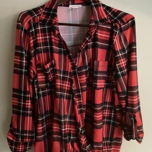 don’t stop believing Ladies Red Plaid Crossover Size 2X Blouse
